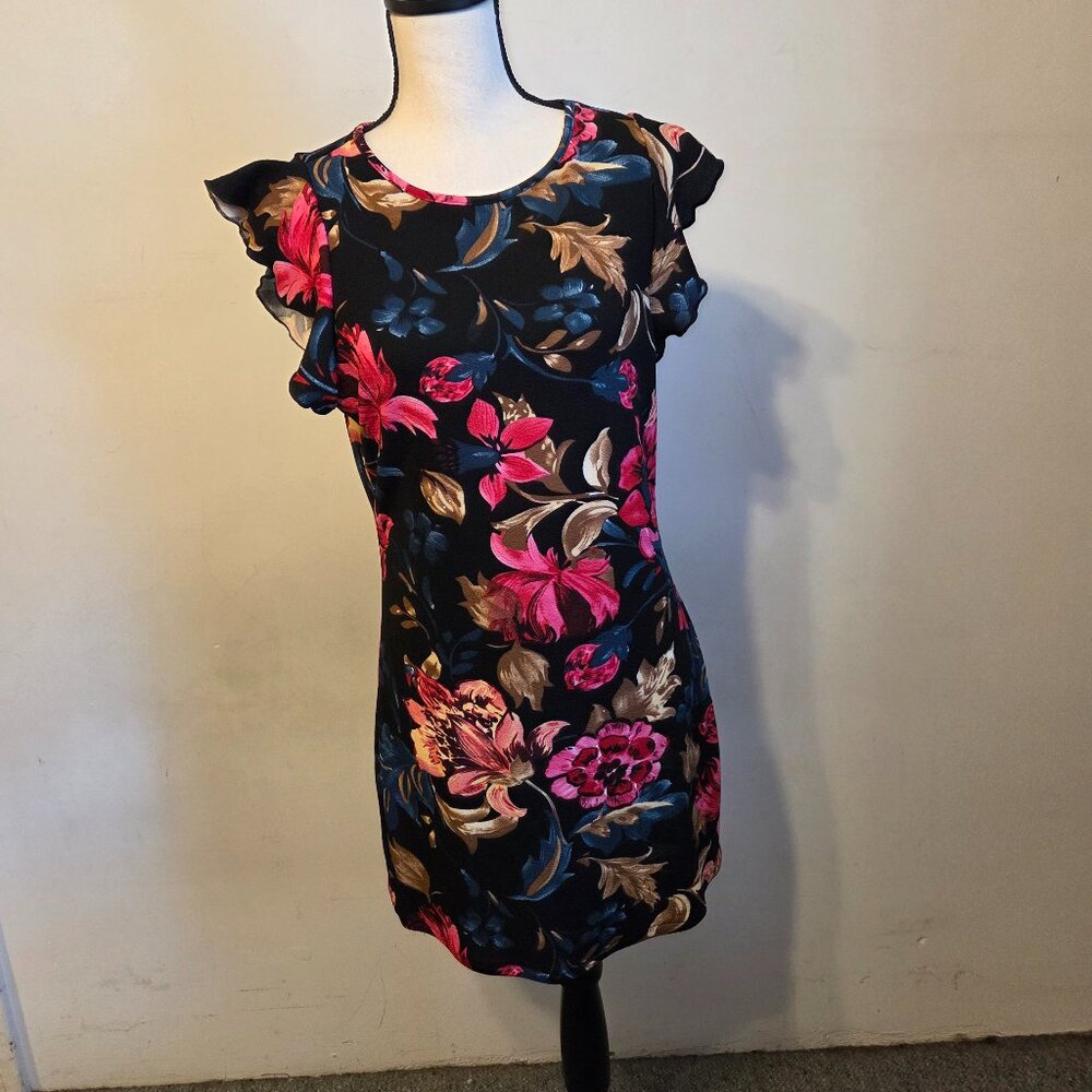 Shein XL Black Multi Colored Dress w/Ruffle Sleeves.